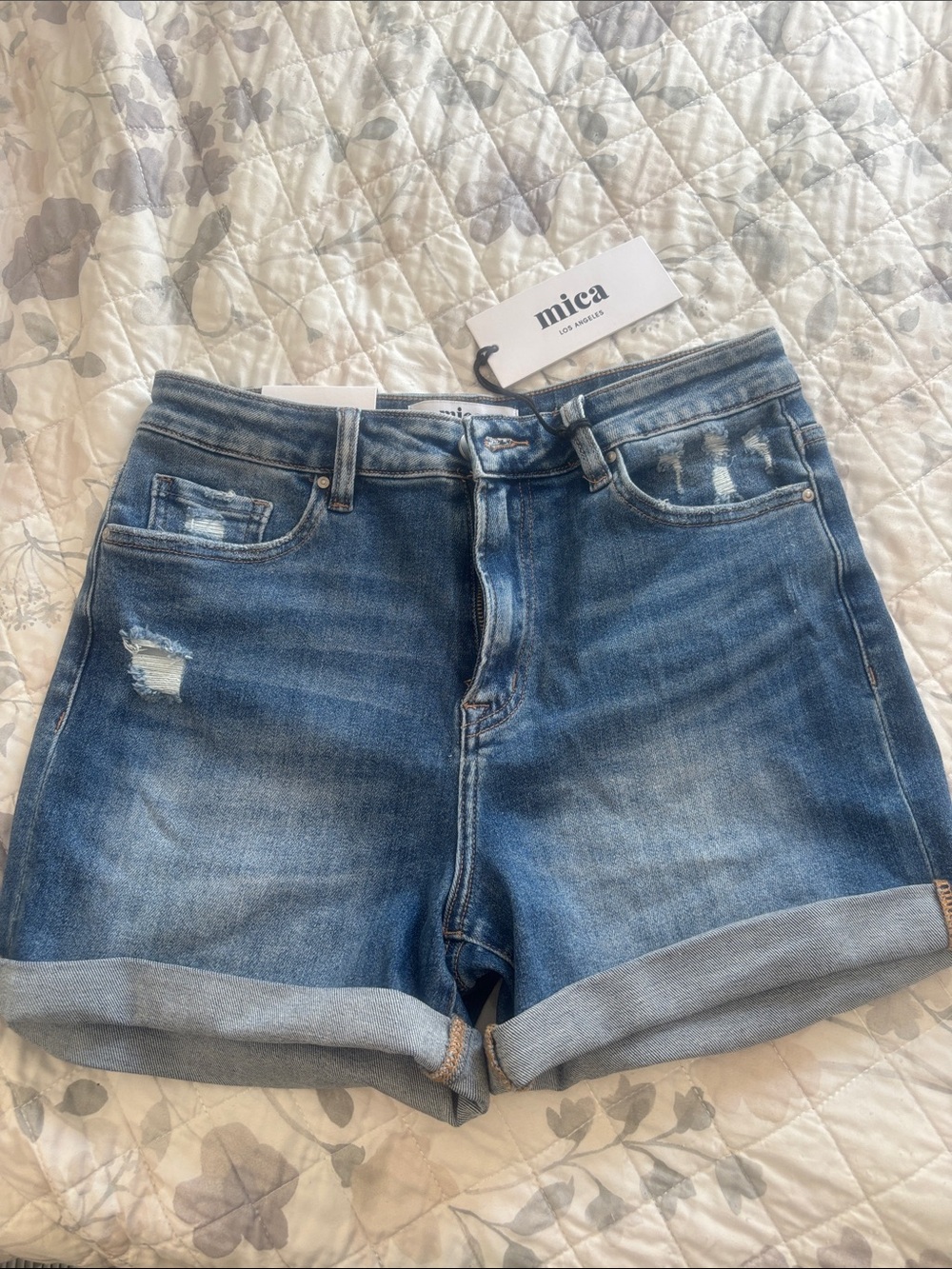 Mica Los Angeles Medium Blue Distressed Cuffed Denim Shorts